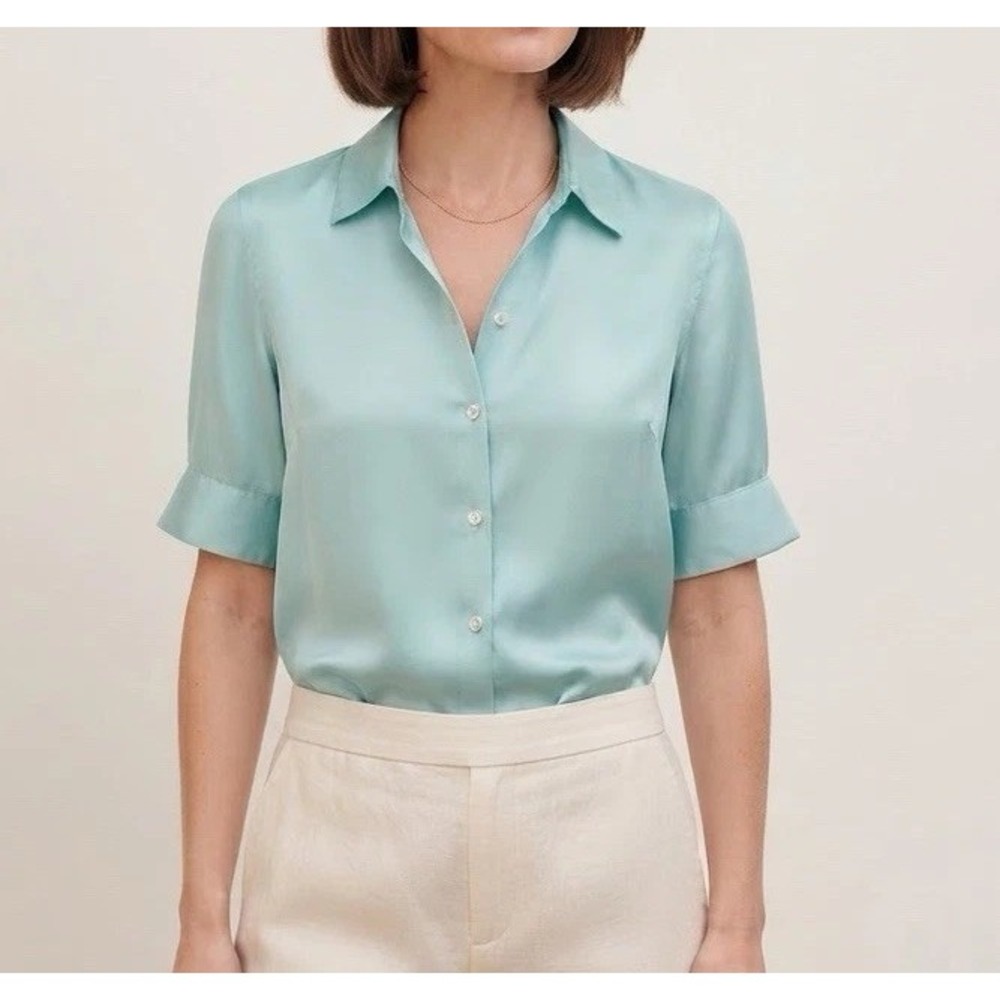 J. Crew Shirt 100% Silk Womens Sz S Button Up Aqua Short Sleeve Classic Luxury